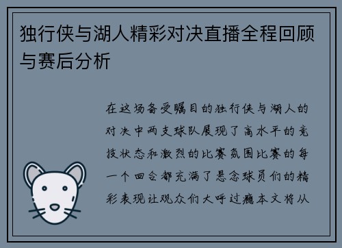 独行侠与湖人精彩对决直播全程回顾与赛后分析