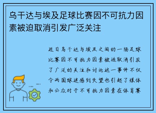 乌干达与埃及足球比赛因不可抗力因素被迫取消引发广泛关注